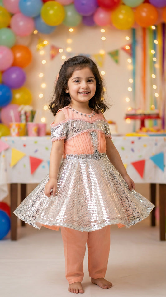 Zari Royale Asymmetrical Cold-Shoulder Net Frock