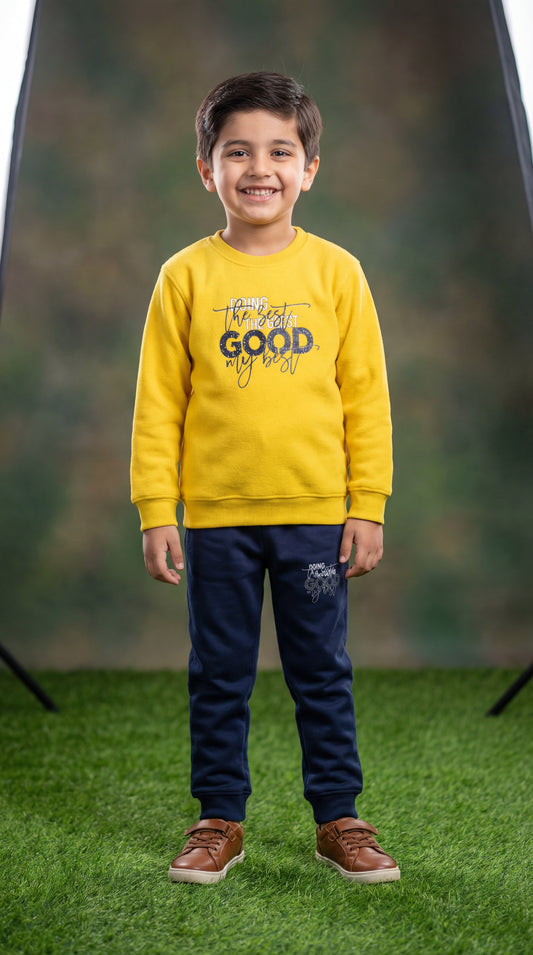 Fineloops Kids' "Doing My Best" 2-Piece Set – Mustard Sweatshirt & Navy Trousers