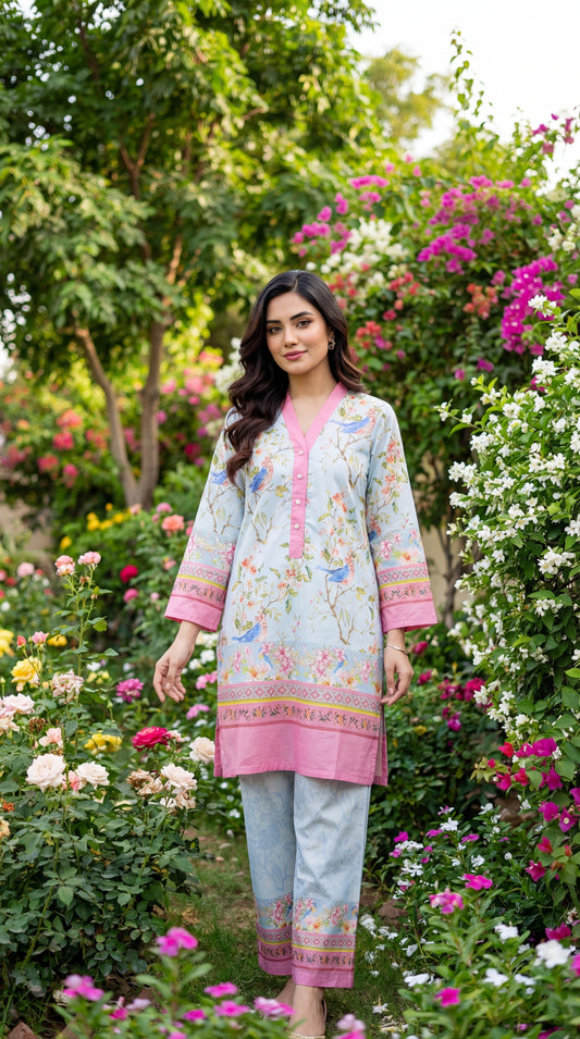 Fineloops "Azure Garden" 2-Piece Printed Lawn Set – Bird & Floral Tunic with Trousers