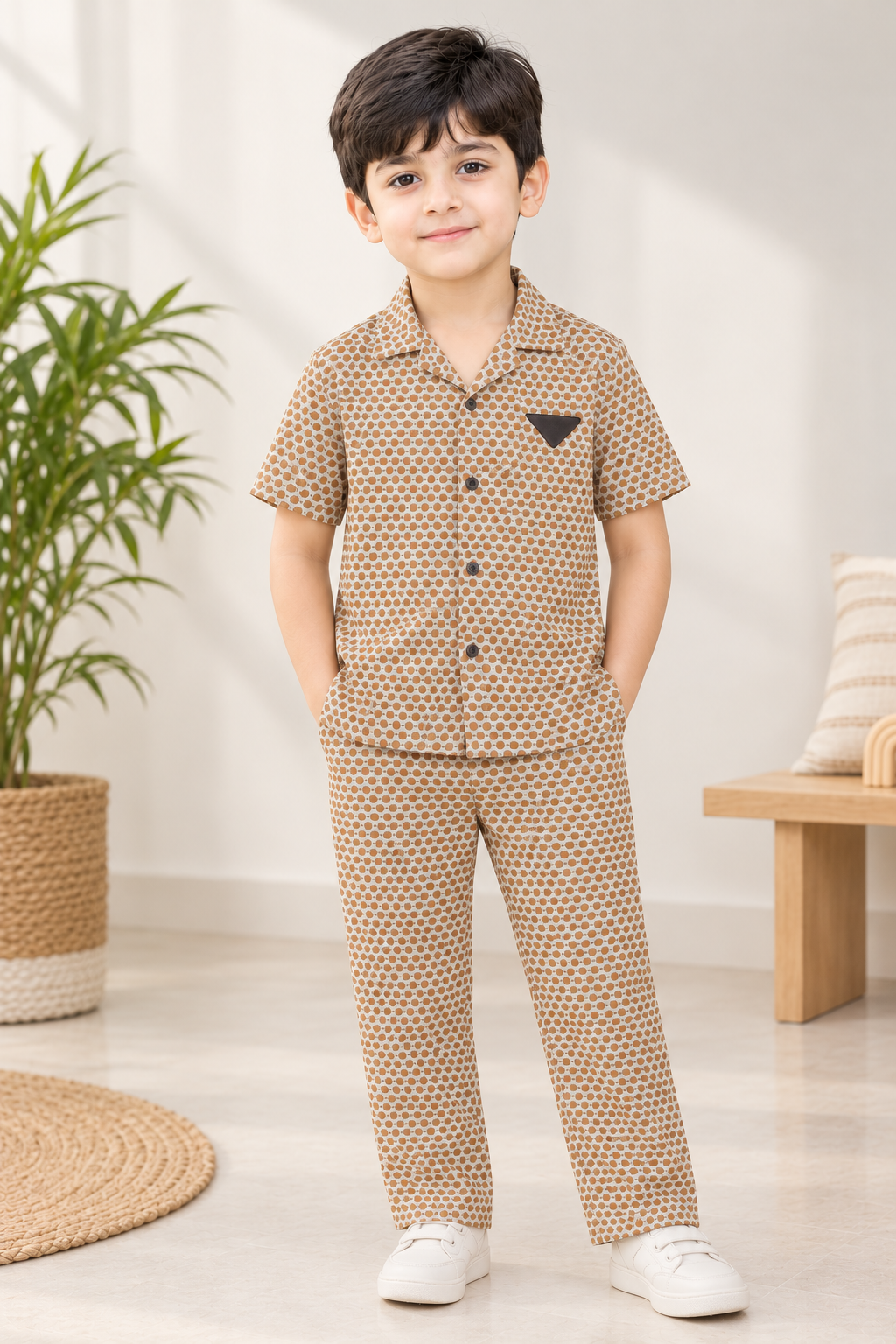 Caramel Dot Charm – Premium Blended Jacquard Boys 2 Piece Set