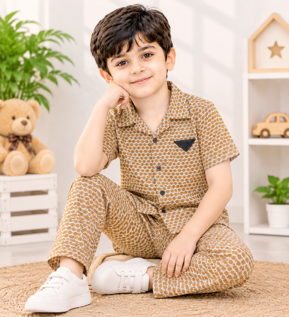Caramel Dot Charm – Premium Blended Jacquard Boys 2 Piece Set