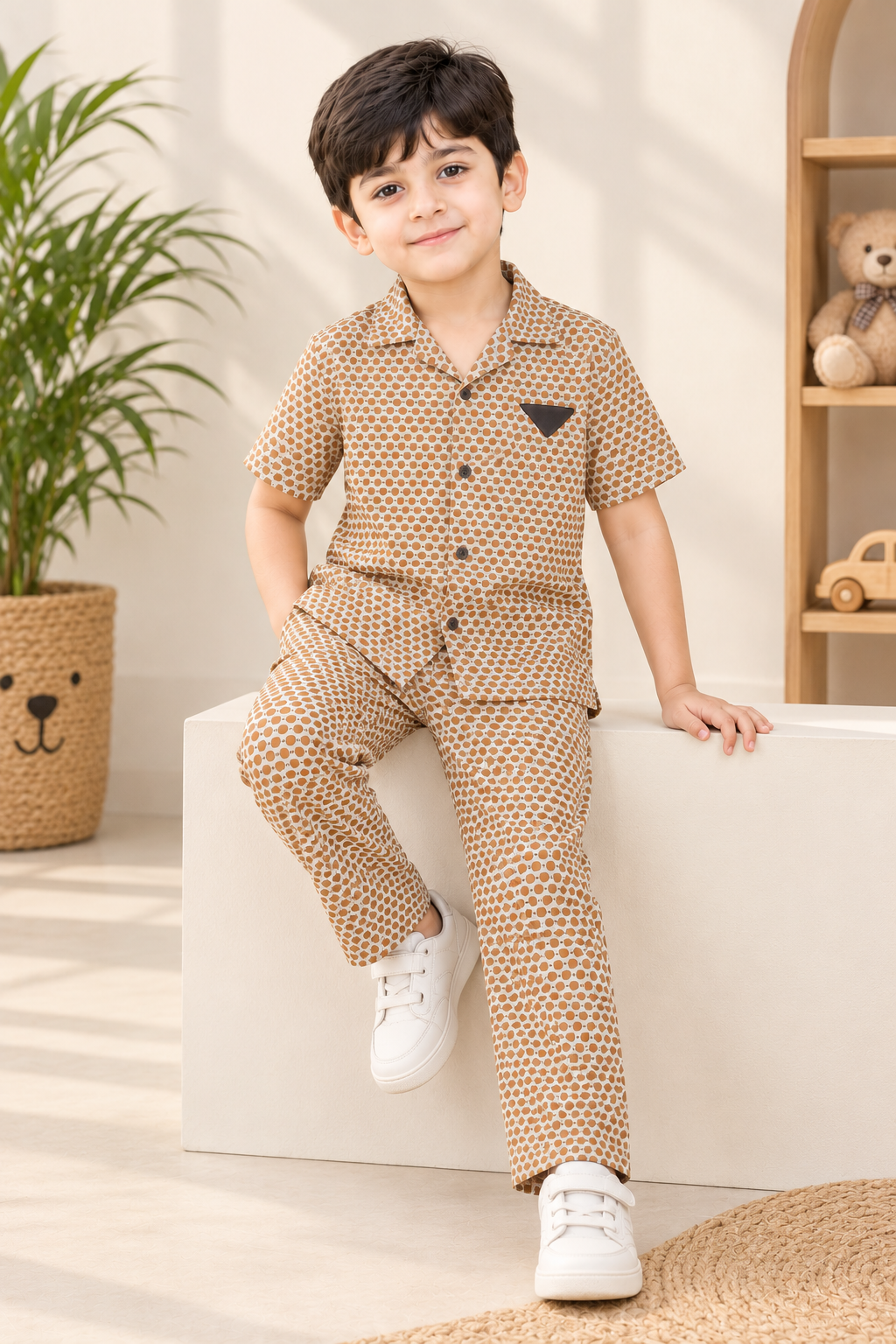 Caramel Dot Charm – Premium Blended Jacquard Boys 2 Piece Set