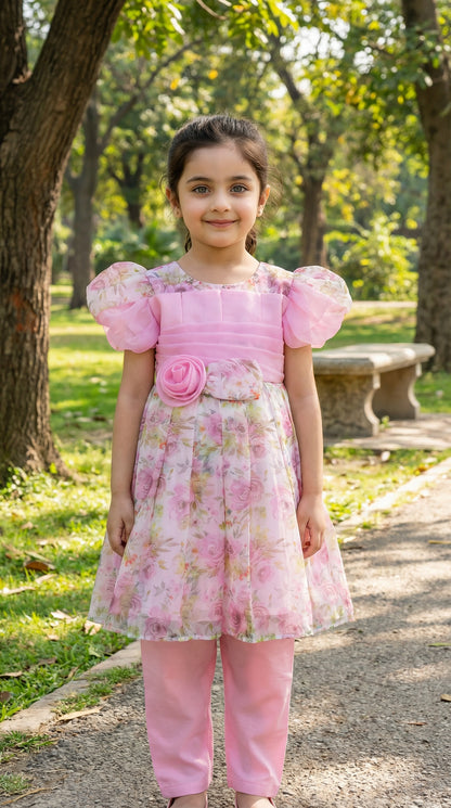 Rosy Bloom Floral Tiered Imported Tissue Frock