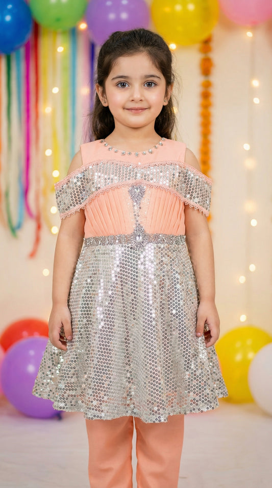 Zari Royale Asymmetrical Cold-Shoulder Net Frock