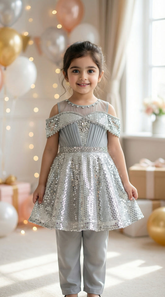 Dazzling Diva Cold-Shoulder Sequin Net Frock