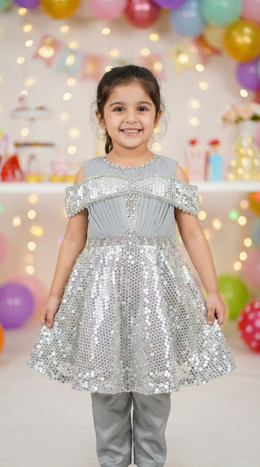 Dazzling Diva Cold-Shoulder Sequin Net Frock