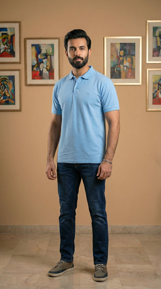 Sky Blue Bio-Polished Soft Pique Polo