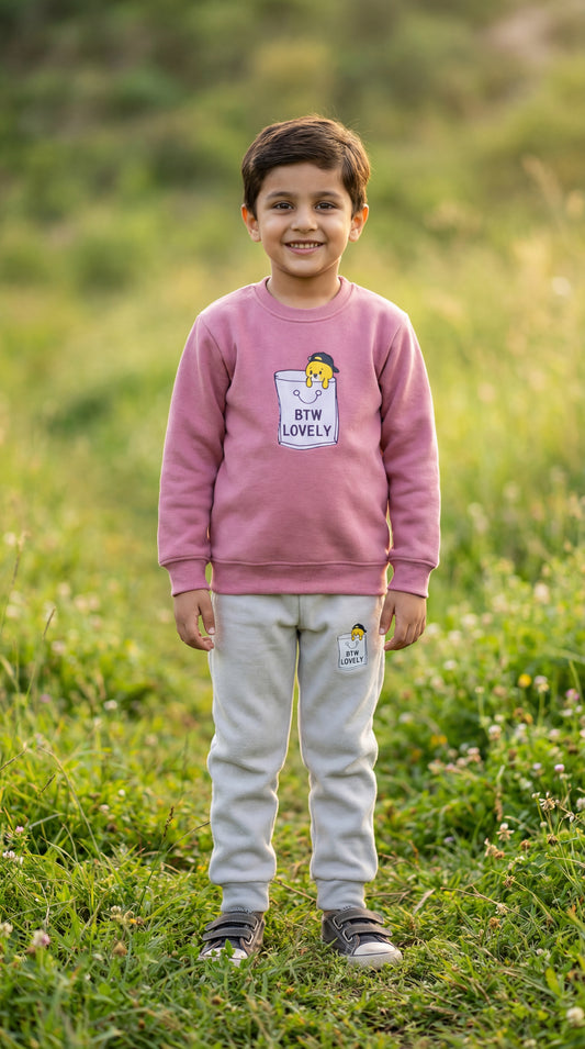 "BTW Lovely" Kids’ 2-Piece Shirt & Trouser Set – Mauve & Grey