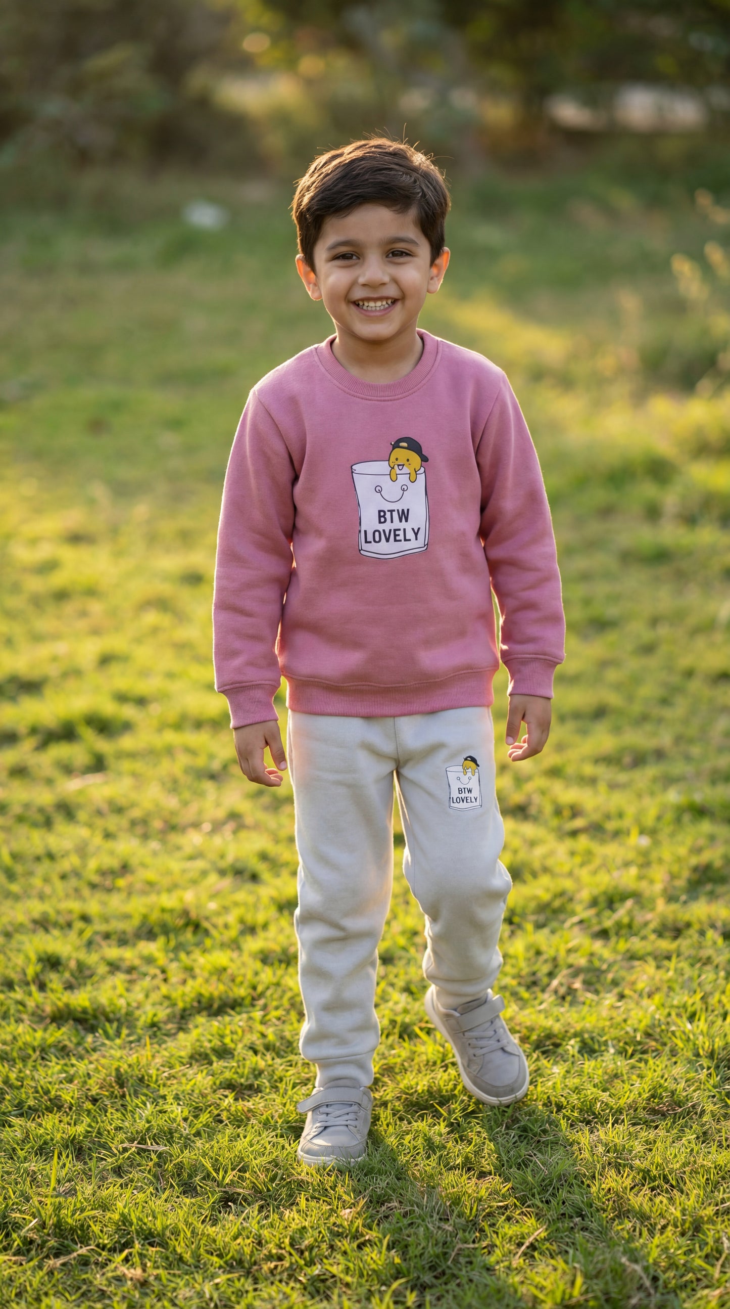 "BTW Lovely" Kids’ 2-Piece Shirt & Trouser Set – Mauve & Grey
