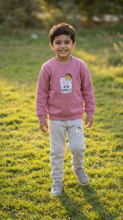 "BTW Lovely" Kids’ 2-Piece Shirt & Trouser Set – Mauve & Grey