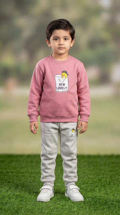 "BTW Lovely" Kids’ 2-Piece Shirt & Trouser Set – Mauve & Grey