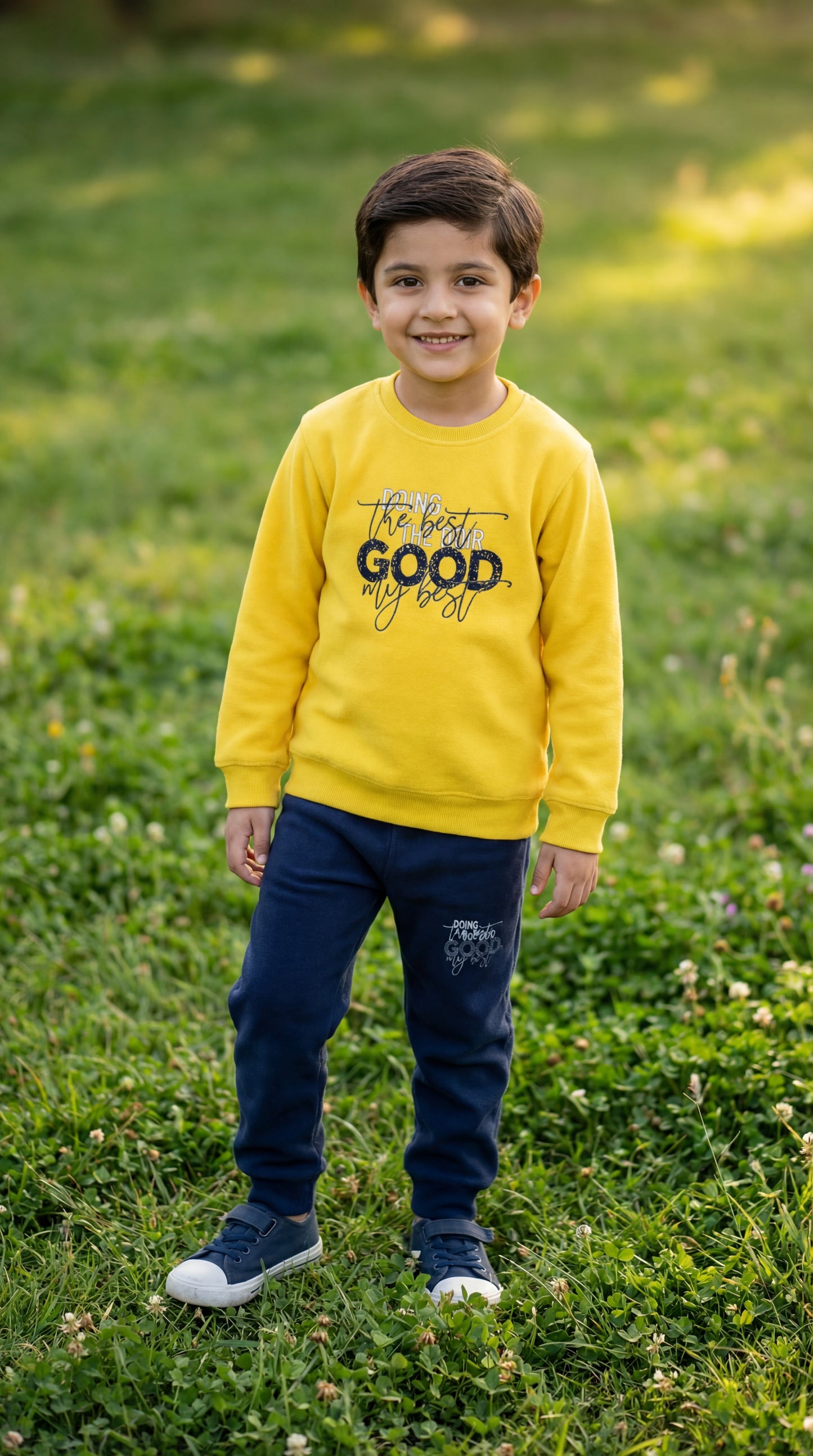 Fineloops Kids' "Doing My Best" 2-Piece Set – Mustard Sweatshirt & Navy Trousers
