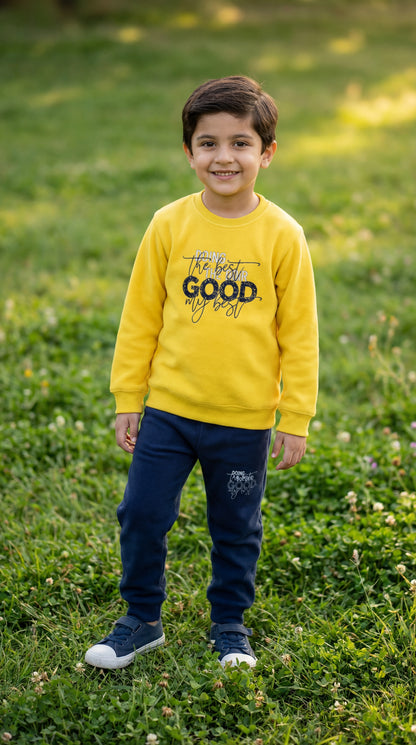 Fineloops Kids' "Doing My Best" 2-Piece Set – Mustard Sweatshirt & Navy Trousers