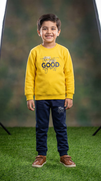 Fineloops Kids' "Doing My Best" 2-Piece Set – Mustard Sweatshirt & Navy Trousers