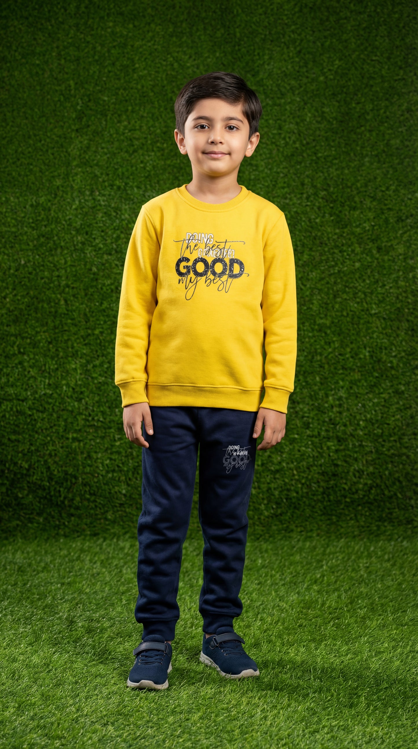 Fineloops Kids' "Doing My Best" 2-Piece Set – Mustard Sweatshirt & Navy Trousers