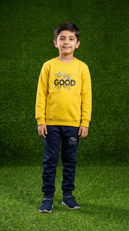 Fineloops Kids' "Doing My Best" 2-Piece Set – Mustard Sweatshirt & Navy Trousers