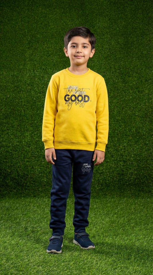 Fineloops Kids' "Doing My Best" 2-Piece Set – Mustard Sweatshirt & Navy Trousers