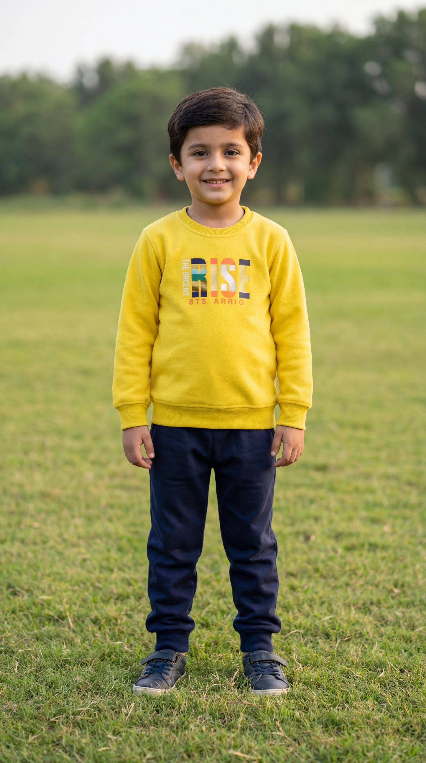 Fineloops Kids' "RISE" 2-Piece Fleece Set – Mustard Sweatshirt & Navy Trousers