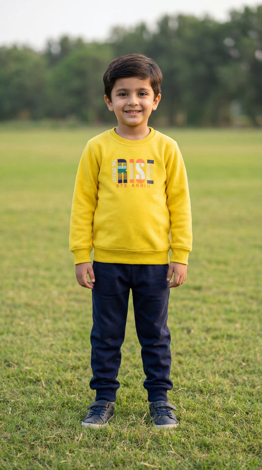 Fineloops Kids' "RISE" 2-Piece Fleece Set – Mustard Sweatshirt & Navy Trousers