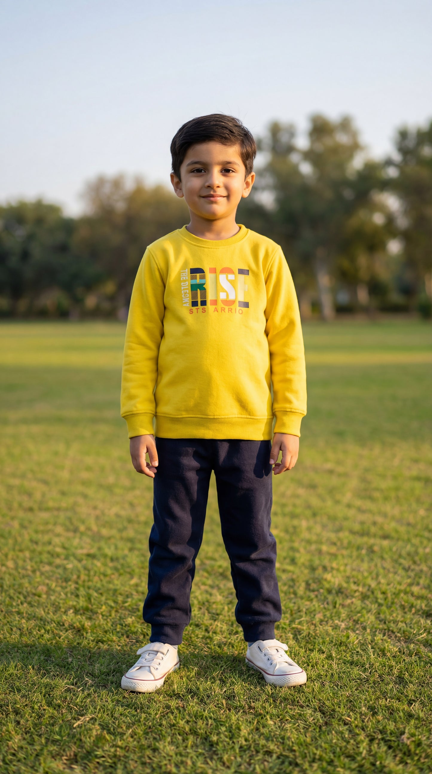 Fineloops Kids' "RISE" 2-Piece Fleece Set – Mustard Sweatshirt & Navy Trousers