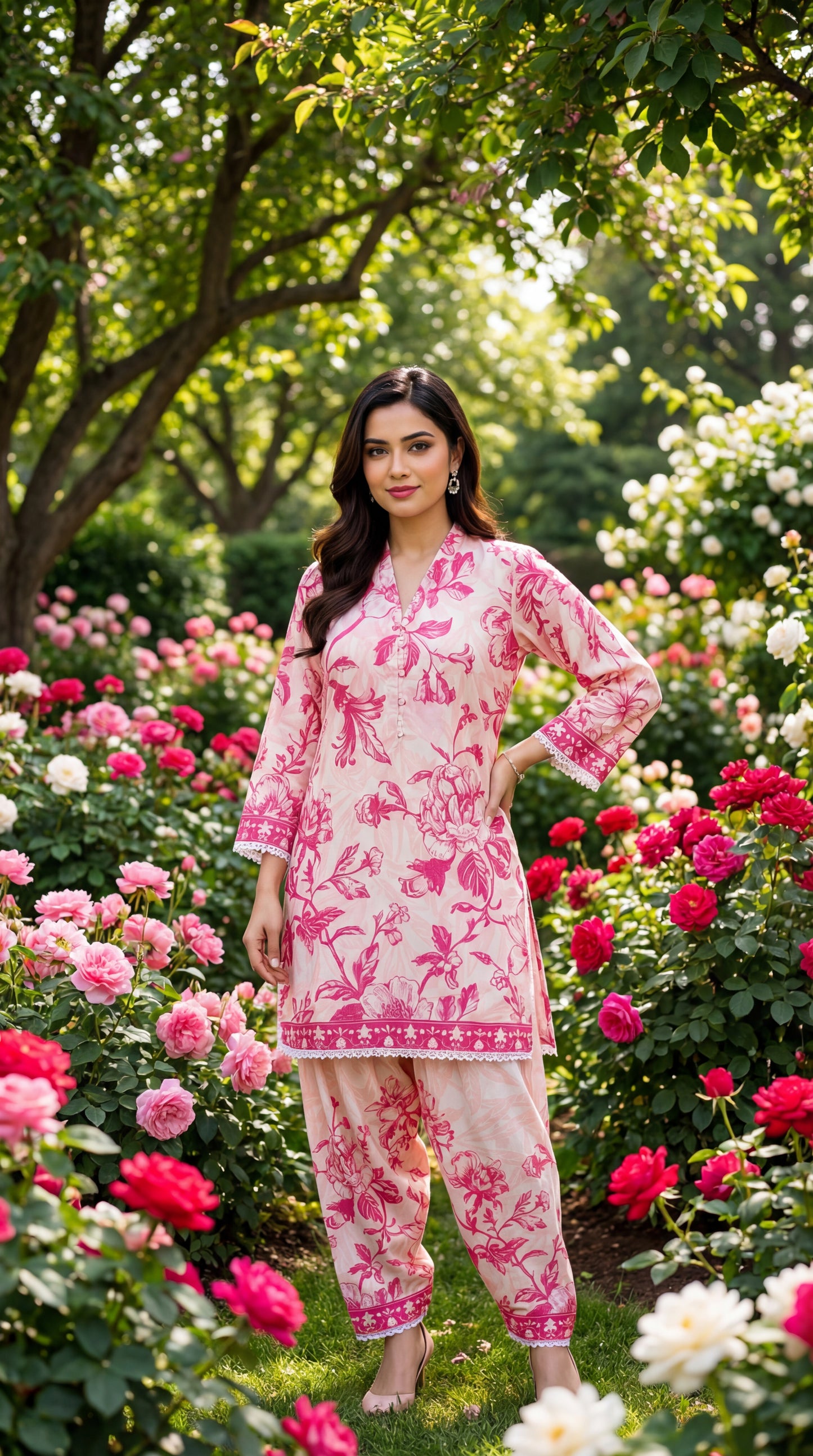 Fineloops Floral Blossom 2-Piece Printed Lawn Set – Pink & Cream Shirt & Trouser