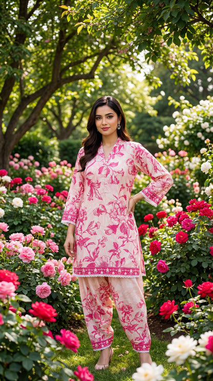 Fineloops Floral Blossom 2-Piece Printed Lawn Set – Pink & Cream Shirt & Trouser