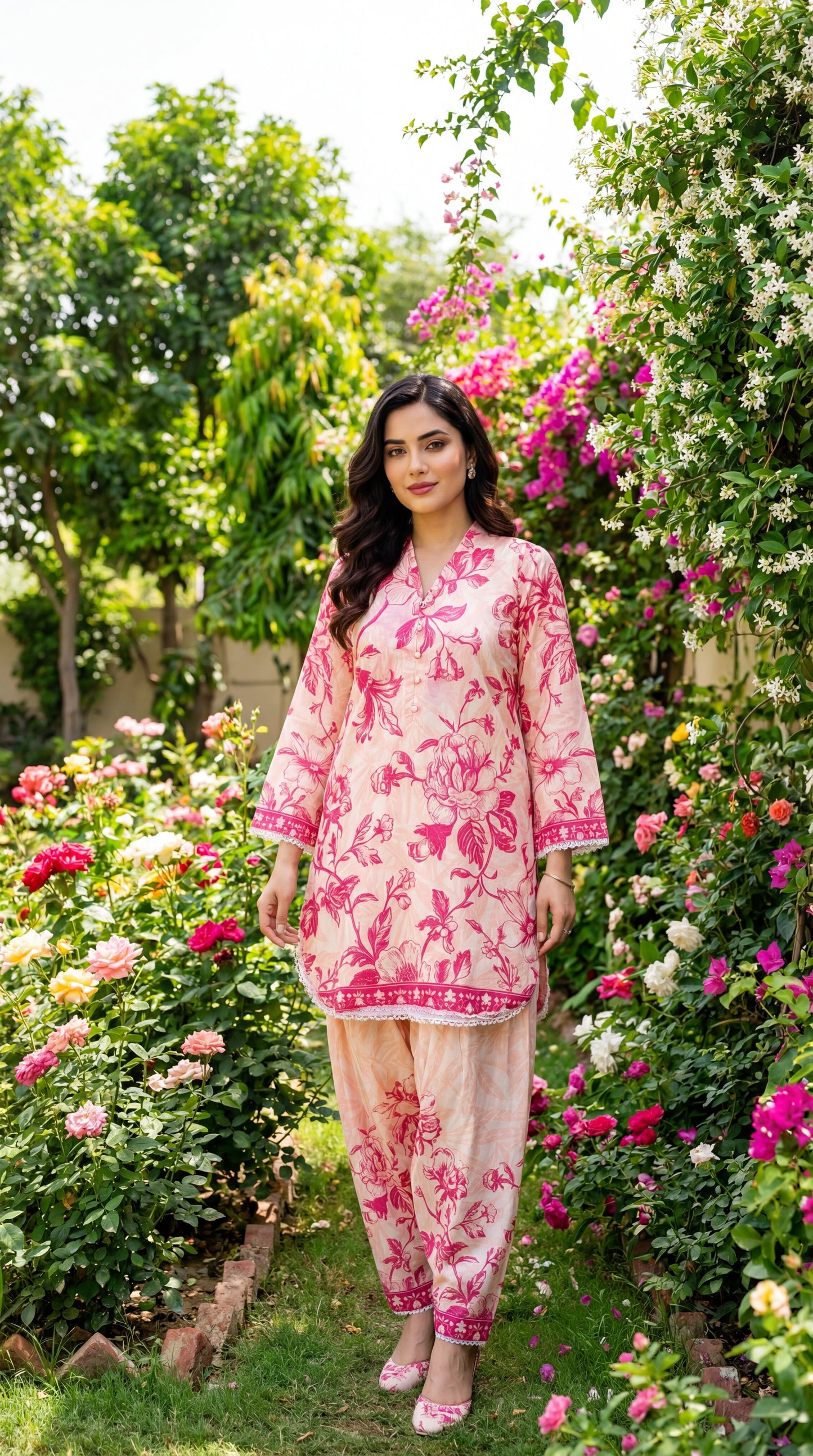 Fineloops Floral Blossom 2-Piece Printed Lawn Set – Pink & Cream Shirt & Trouser