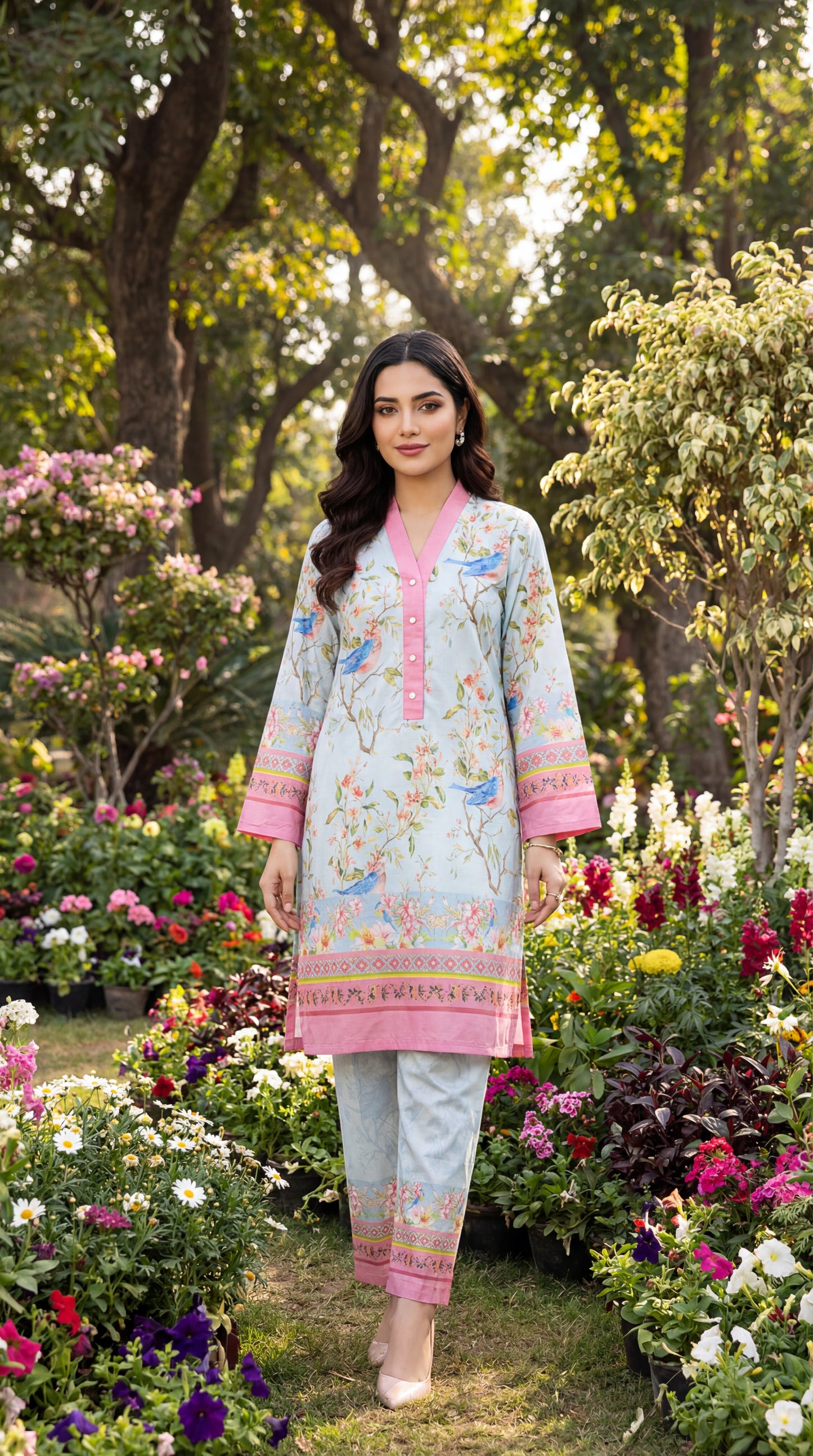 Fineloops "Azure Garden" 2-Piece Printed Lawn Set – Bird & Floral Tunic with Trousers