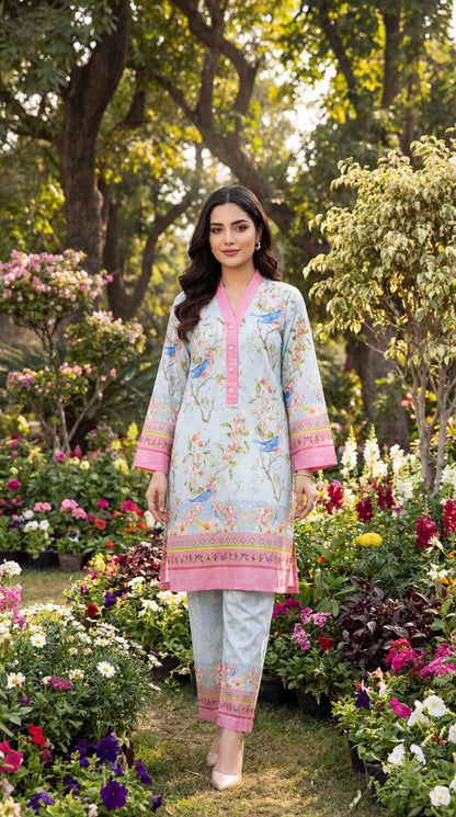 Fineloops "Azure Garden" 2-Piece Printed Lawn Set – Bird & Floral Tunic with Trousers