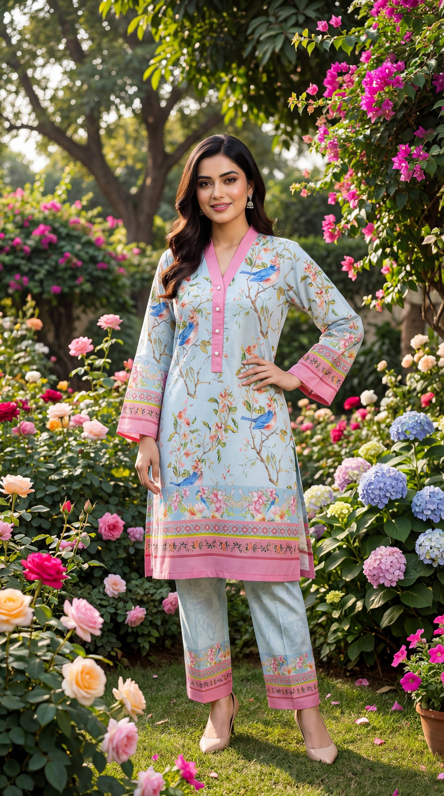 Fineloops "Azure Garden" 2-Piece Printed Lawn Set – Bird & Floral Tunic with Trousers