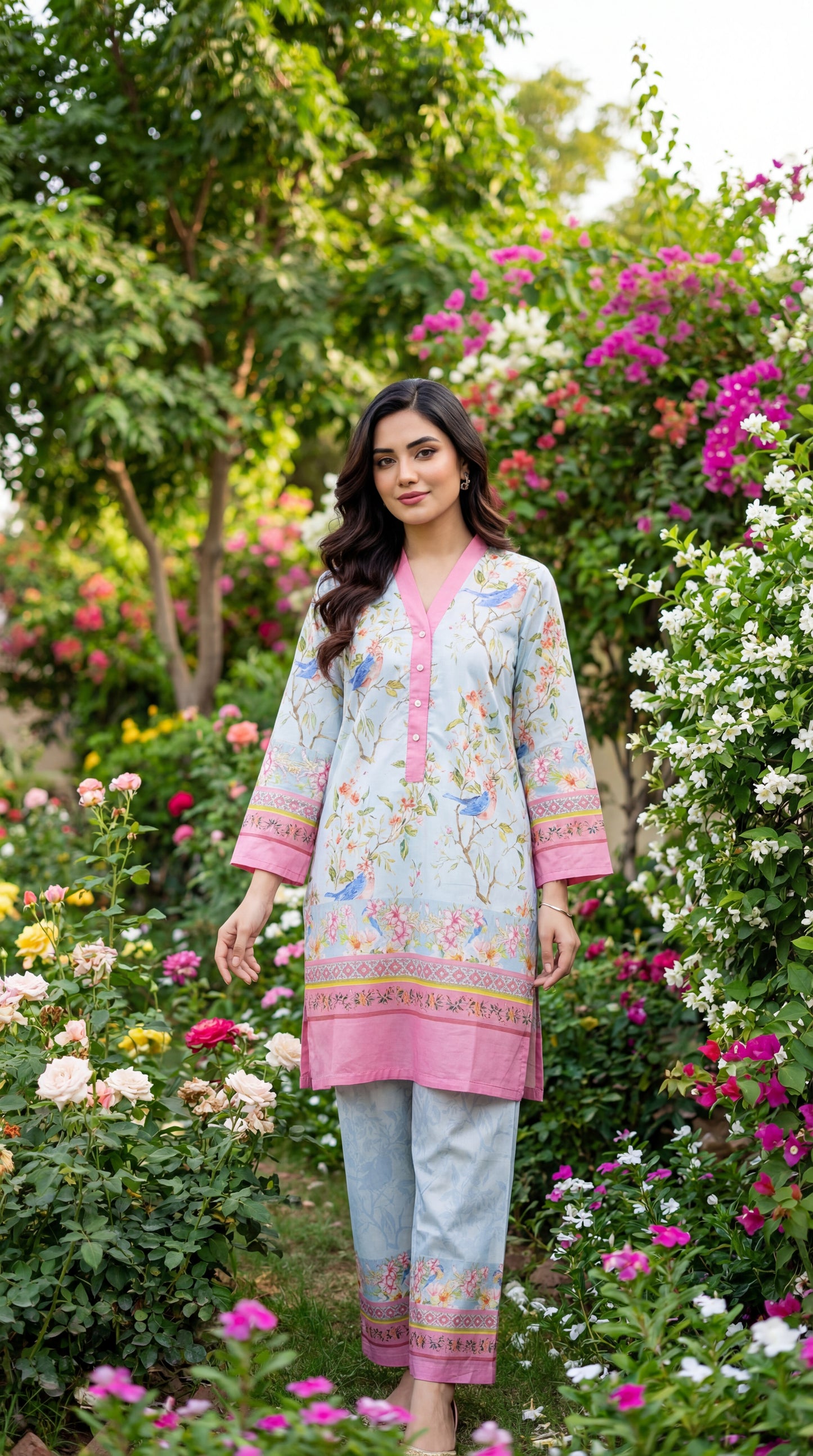 Fineloops "Azure Garden" 2-Piece Printed Lawn Set – Bird & Floral Tunic with Trousers