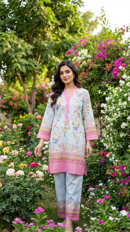 Fineloops "Azure Garden" 2-Piece Printed Lawn Set – Bird & Floral Tunic with Trousers
