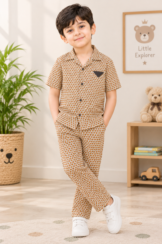 Caramel Dot Charm – Premium Blended Jacquard Boys 2 Piece Set