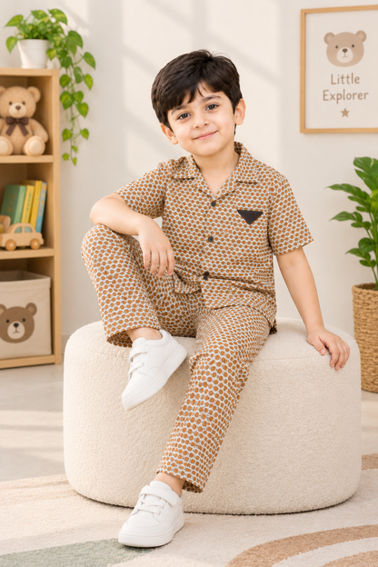 Caramel Dot Charm – Premium Blended Jacquard Boys 2 Piece Set